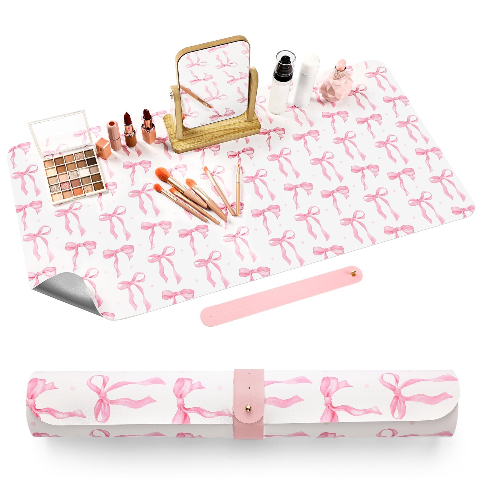Teenyyou Coquette Pink Bow Vanity Mat Protector for Makeup Dual Leather