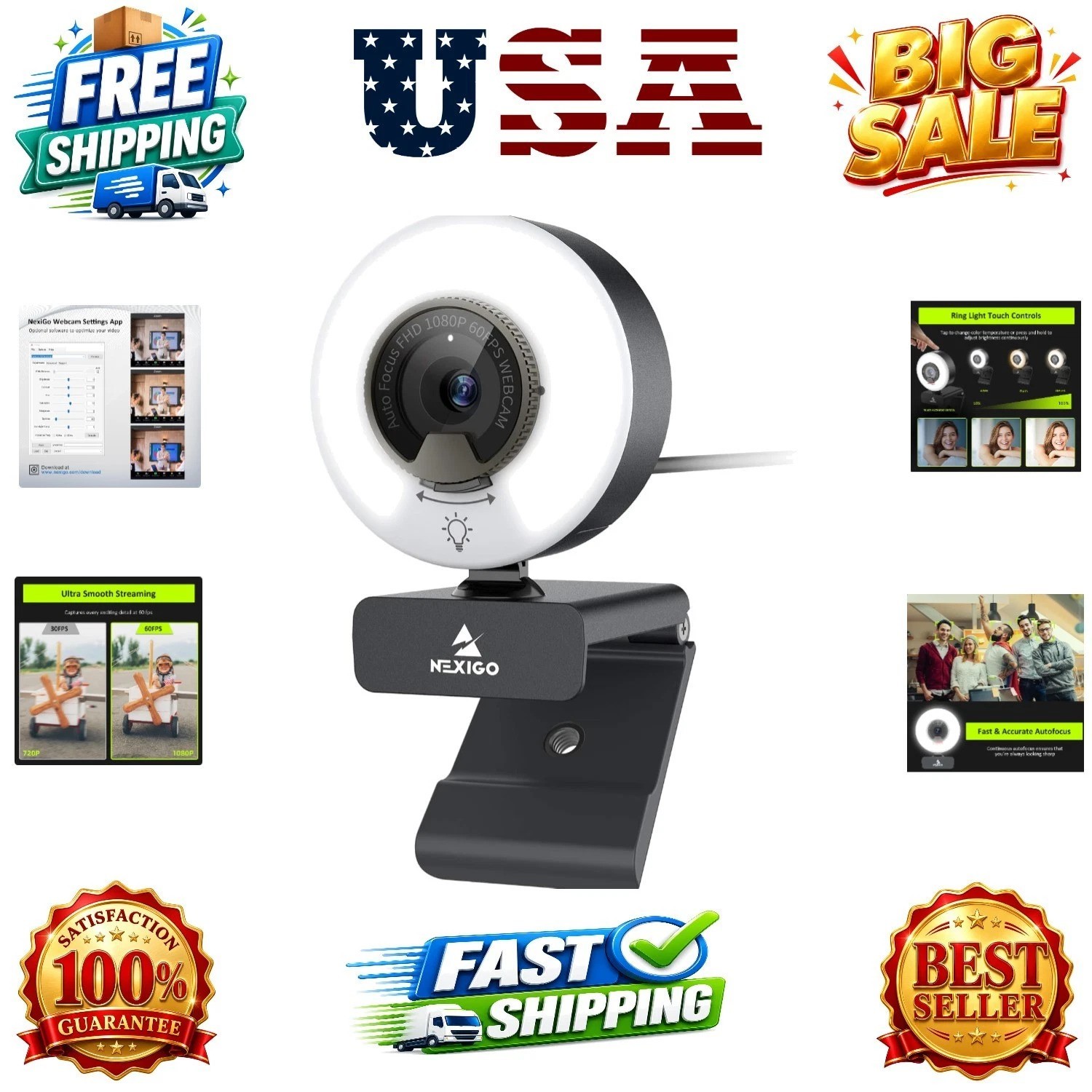 N960E 1080P 60FPS Webcam with Light, Software Included, Fast AutoFocus, Built...