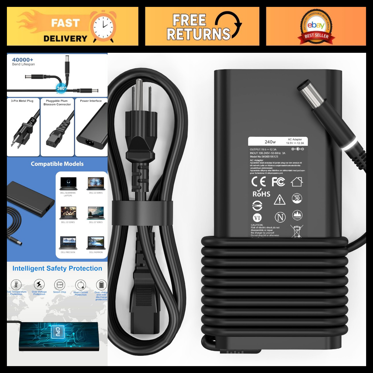 240W 180W Laptop Charger AC Adapter for Dell Alienware & Precision Models, Power