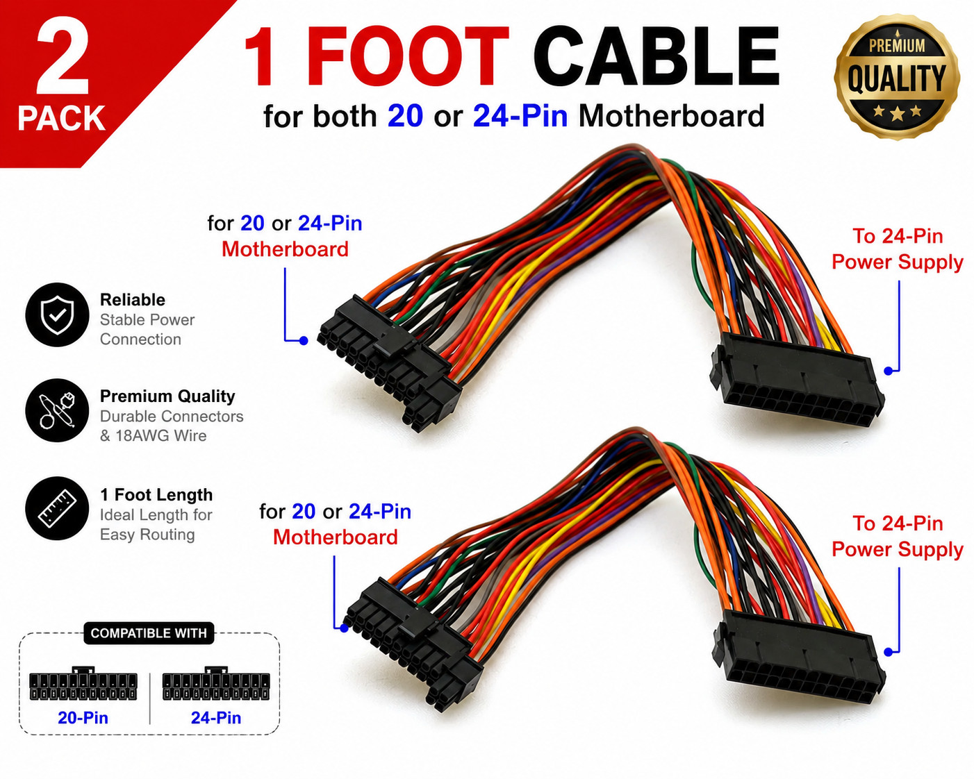 2-Pack 1FT ATX 24-Pin to 20+4 Pin Motherboard Power Supply Extension Cable