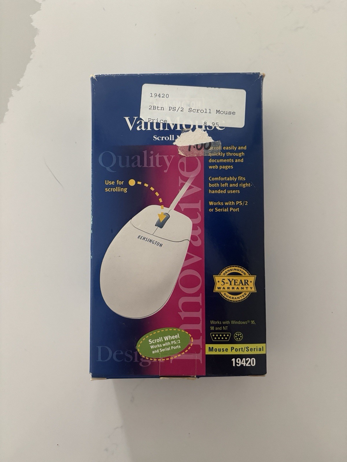 Vintage Kensington ValuMouse Scroll 19420 2 Button PS/2 Serial Mouse New In Box