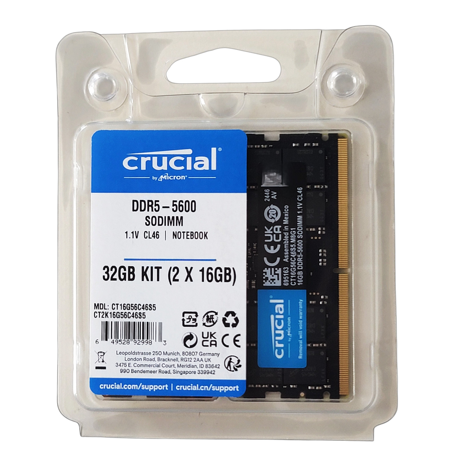 Crucial 32GB Kit (2x16GB) DDR5 5600MHz SODIMM Laptop RAM CT2K16G56C46S5 Open Box