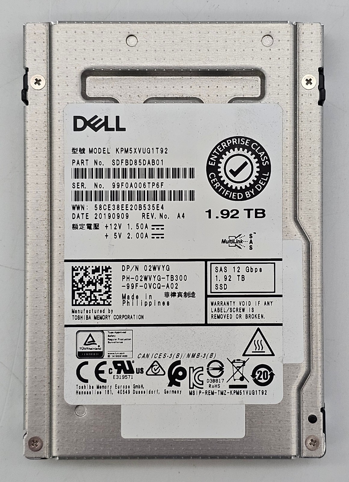 Dell 1.92TB SSD - 2.5" SAS 12Gb/s Solid State Drive - KPM5XVUG1T92 - 02WVYG