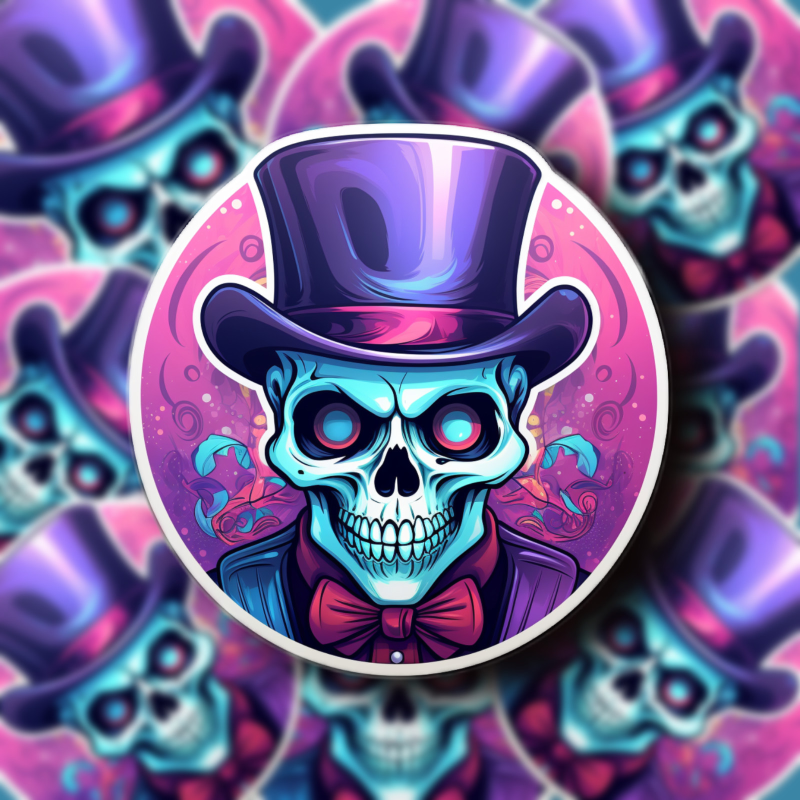 5" UV laminated  Vinyl Skull Wearing a Purple Top Hat Sticker - 