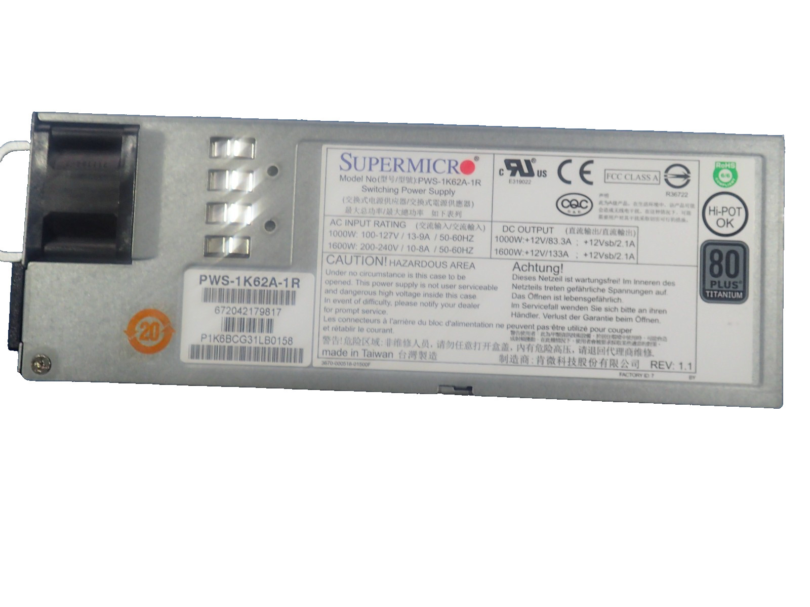 Supermicro PWS-1K62A-1R 1000W/1600W 1U Redundant High Efficiency Power Supply