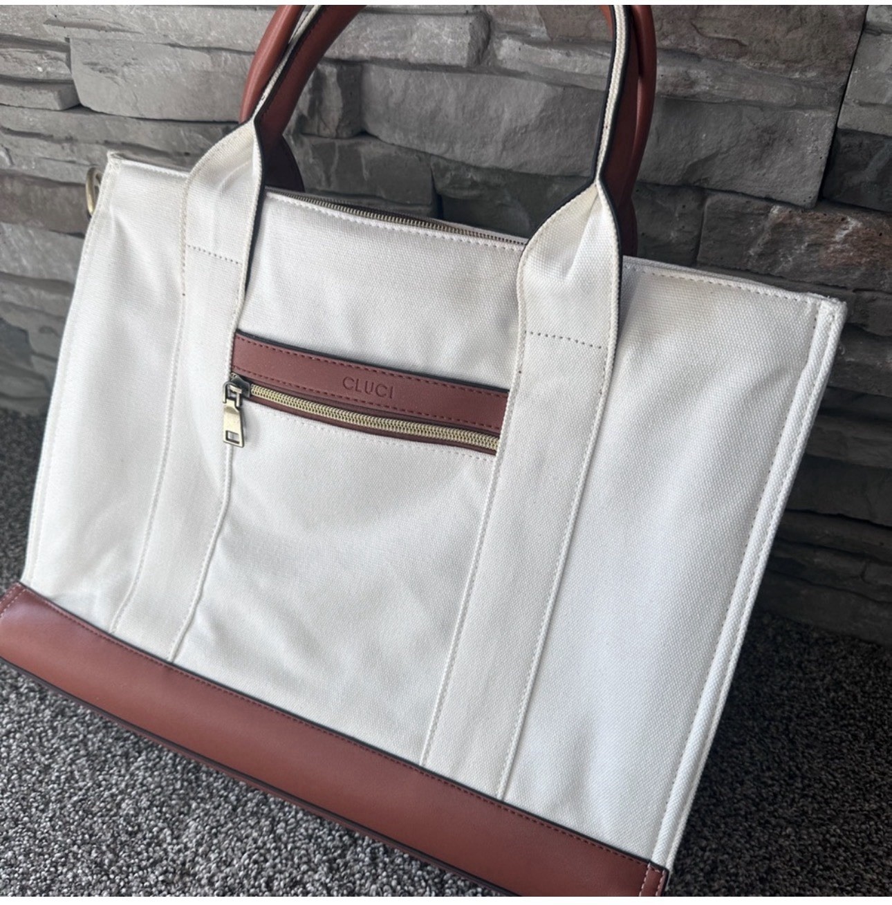 CLUCI Canvas Faux Leather Briefcase 15.6" Laptop White Brown Multi Compartments