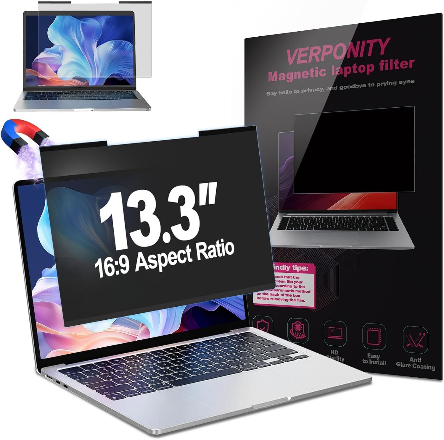 Magnetic Laptop Privacy Screen 13.3 Inch 16:9 Display, Removable Anti-Glare Shie