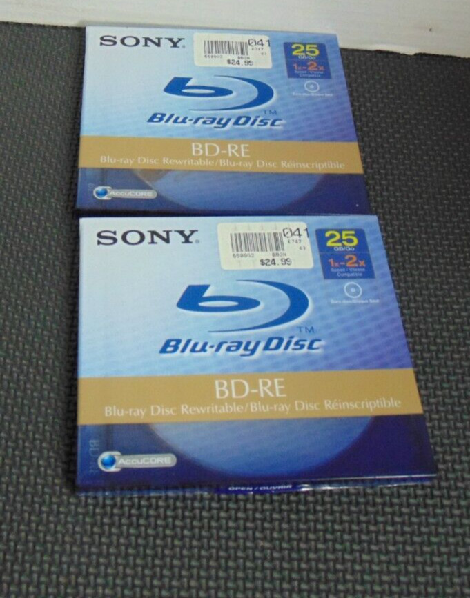 New Lot Of 2 Sony Blu-Ray Disc BD-RE 25 GB/Go 1x-2X Rewritable Sealed
