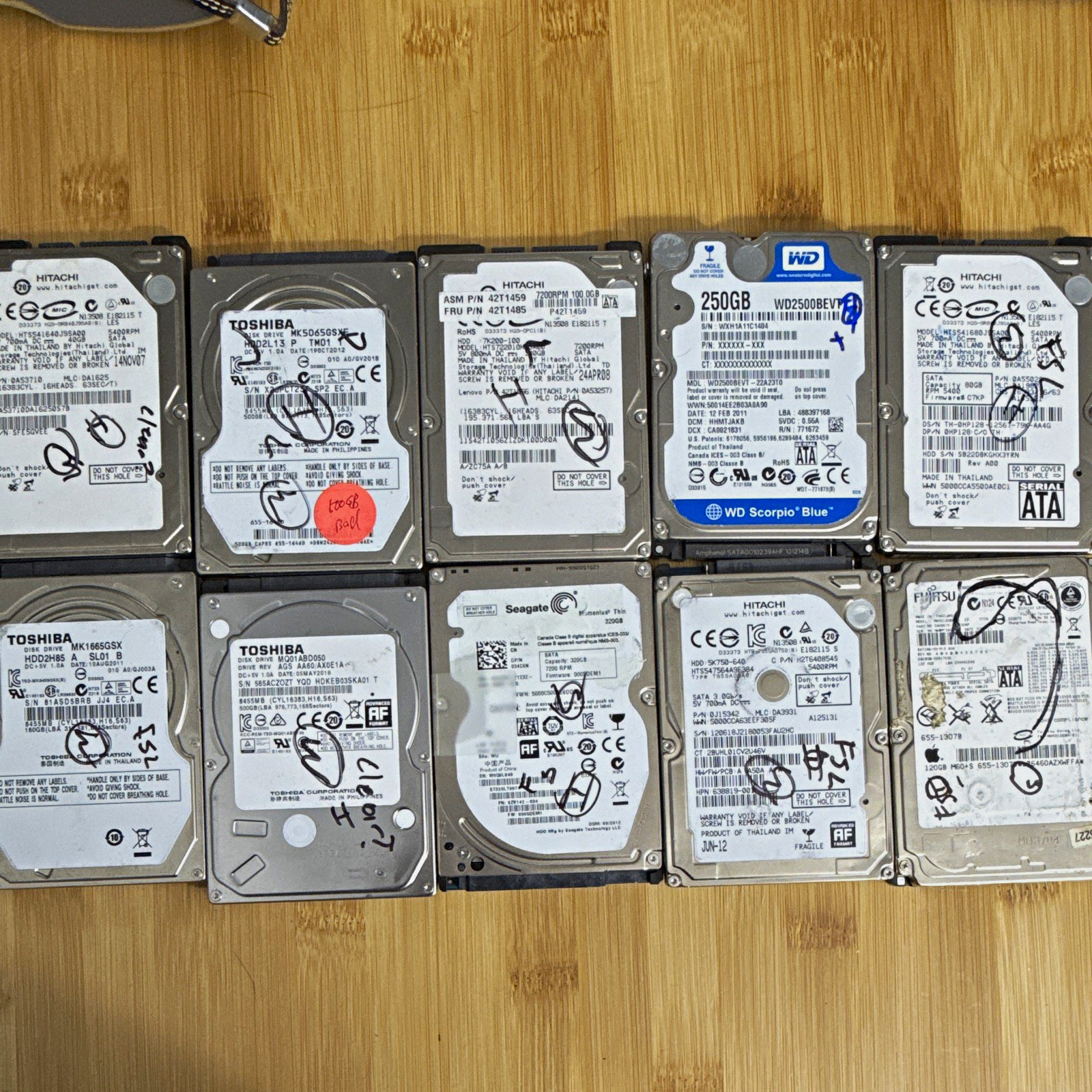 Lot of 10 Mixed Brand 2.5 inch SATA Drives - Wiped