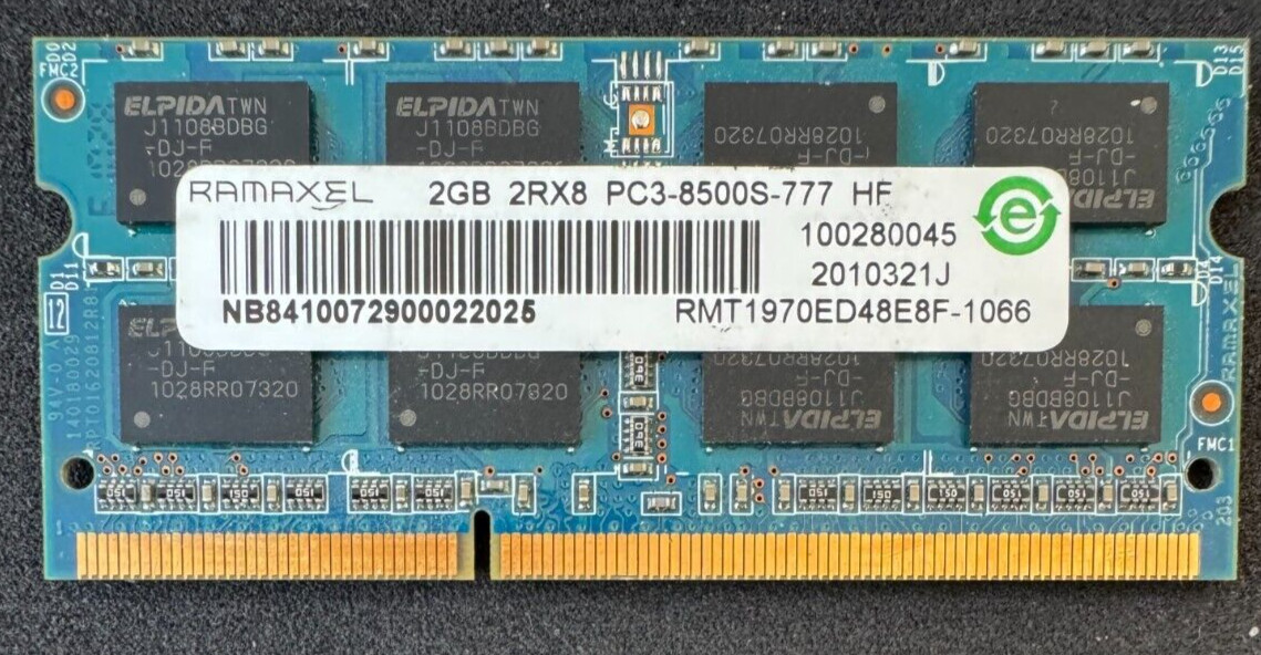 RAMAXEL 2GB 2RX8 PC3-8500S-777 HF Laptop Memory Used