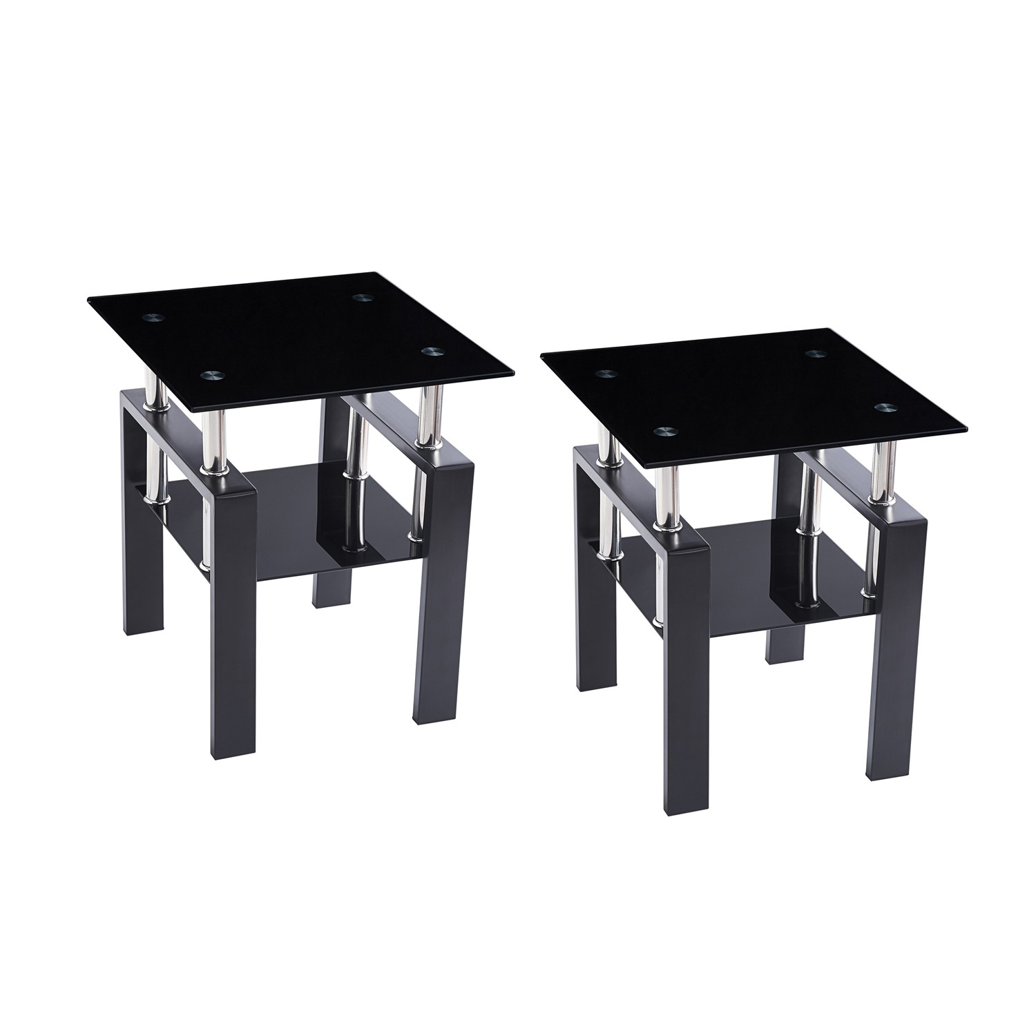 2Pcs Tempered Glass Sofa Table Black End Table with Powder-Coated Frame Table