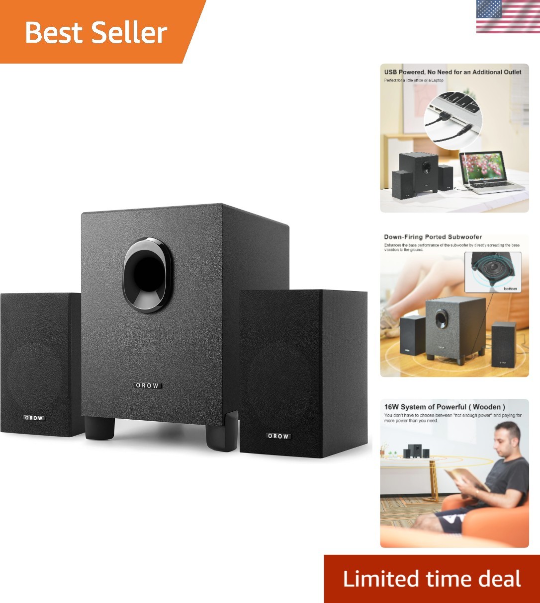 OROW S211 New USB-Powered 2.1 Multimedia Speakers System with Subwoofer,16W C...