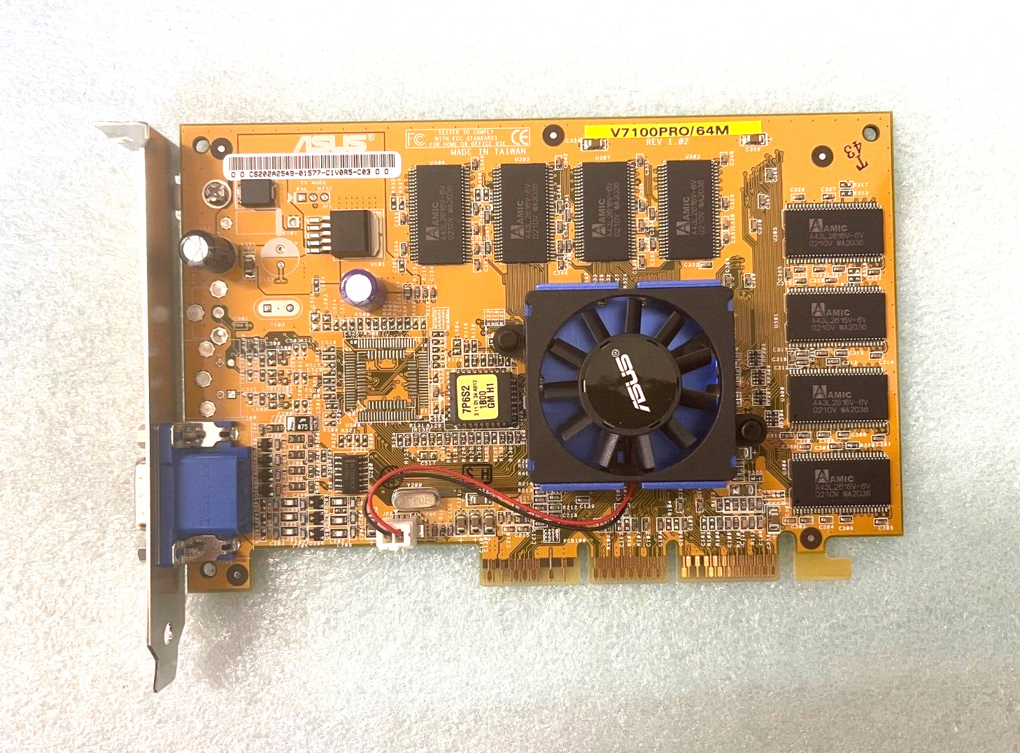 VINTAGE ASUS V7100PRO/64M GEFORCE2 MX400 AGP 64 MEG VGA CARD BLUE FAN MXB182
