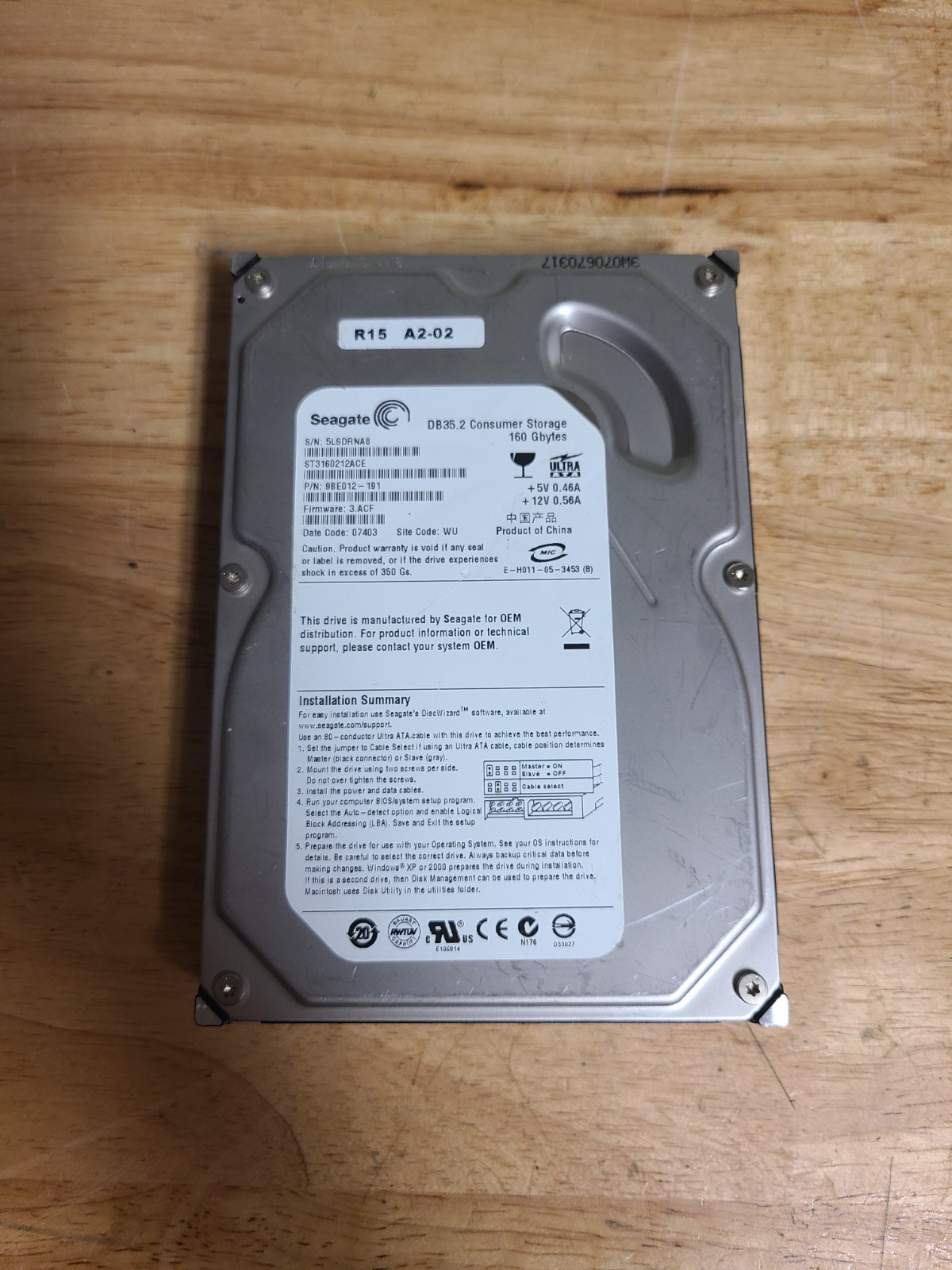 160GB SEAGATE HARD DRIVE DB35.2 ST3160212SCE 3.5" SATA 7200RPM HARD DRIVE
