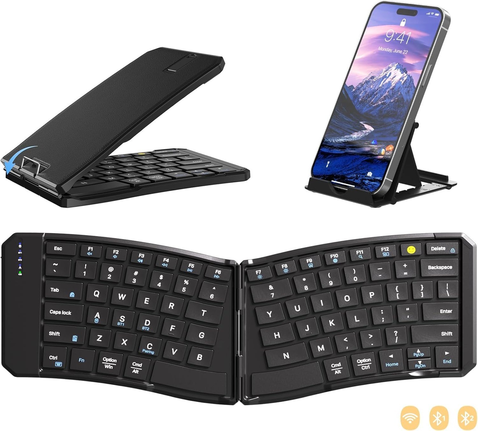 Foldable Ergonomic Wireless Keyboard Bluetooth 2.4G 3 Device Rechargeable Travel
