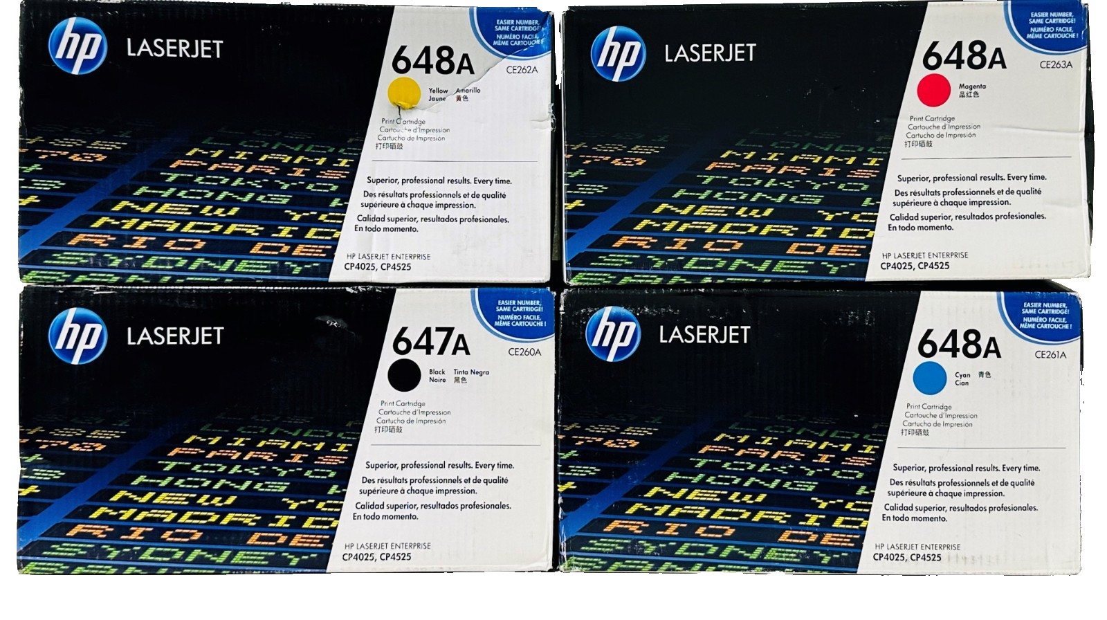 New Genuine HP 647A/648A Black Cyan Magenta Yellow 4PK Toner Cartridges Box