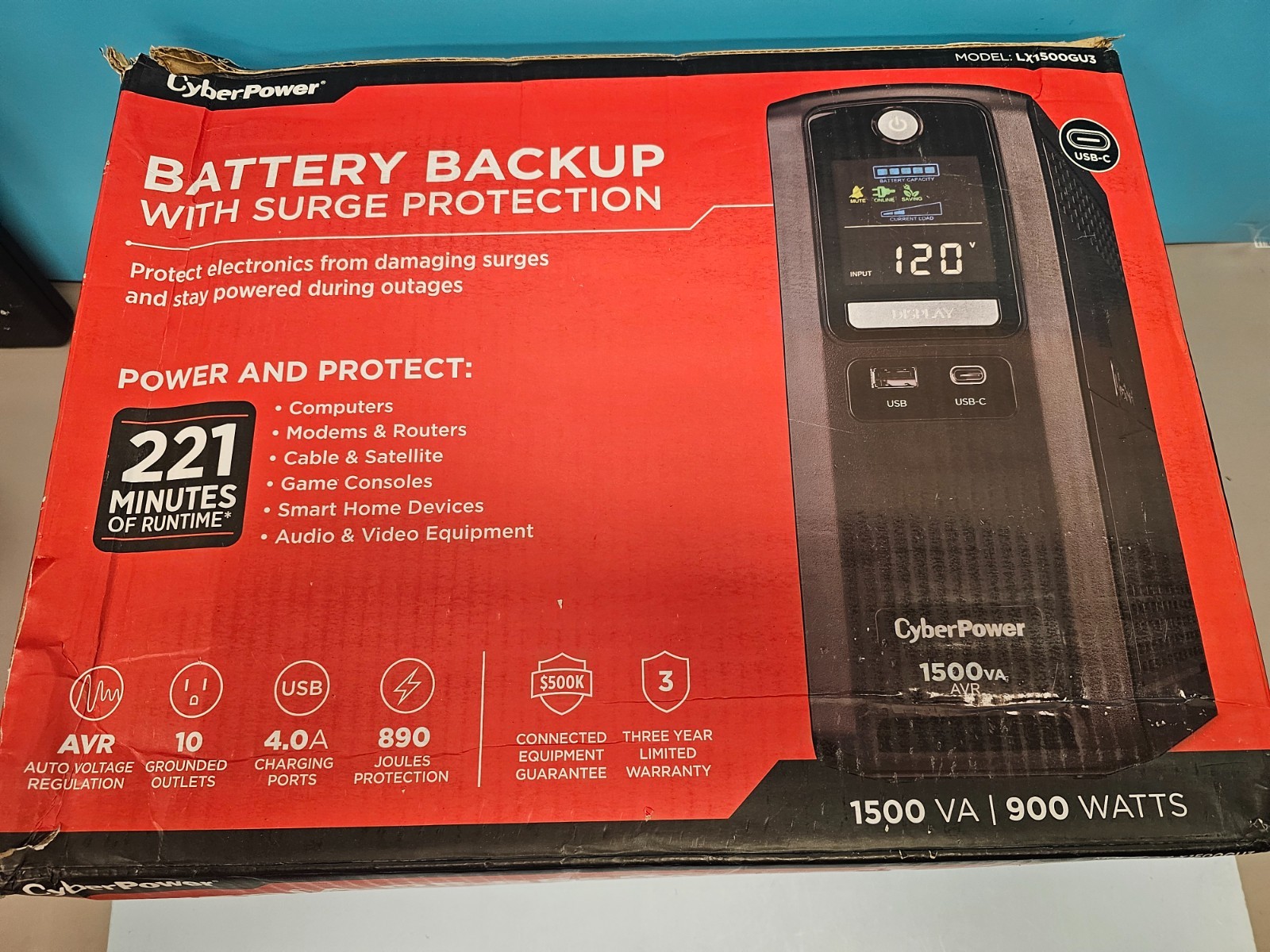 CYBERPOWER 1500 VA 900 WATTS BATTERY BACKUPS ( LX1500GU3) - OPENBOX