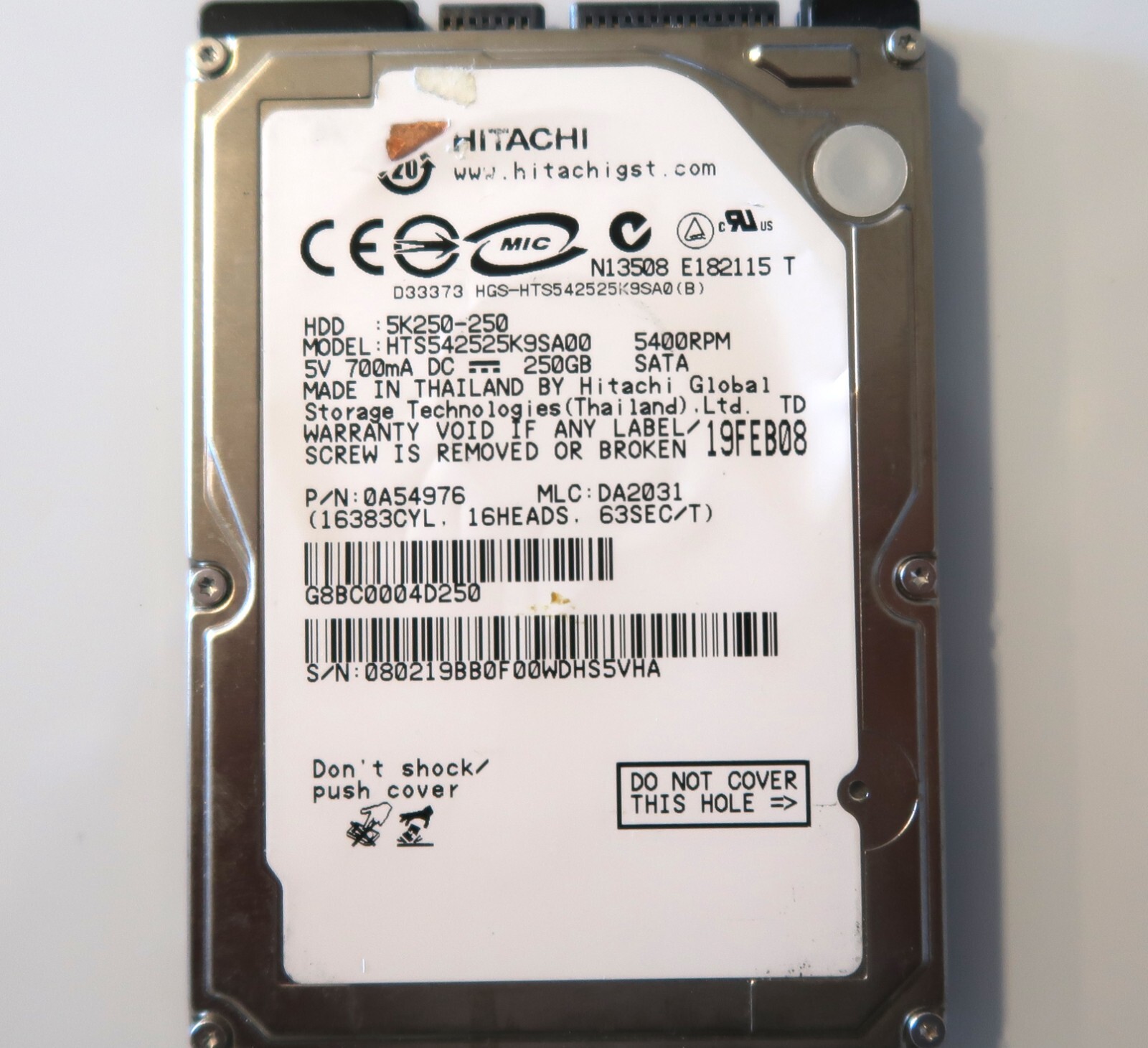 Hitachi HTS542525K9SA00 0A54976 DA2031 (0802) Thailand 250gb 2.5" Sata 19FEB08