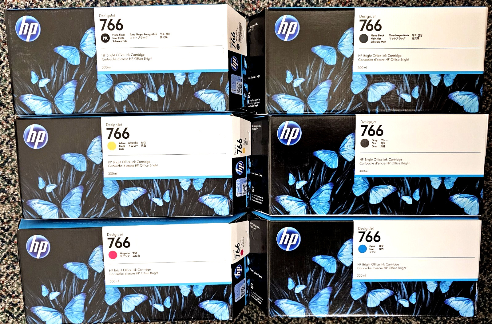 Set of 6 HP 766 P2V89A thru P2V94A 300ml Printer Ink DesignJet sealed cartridges