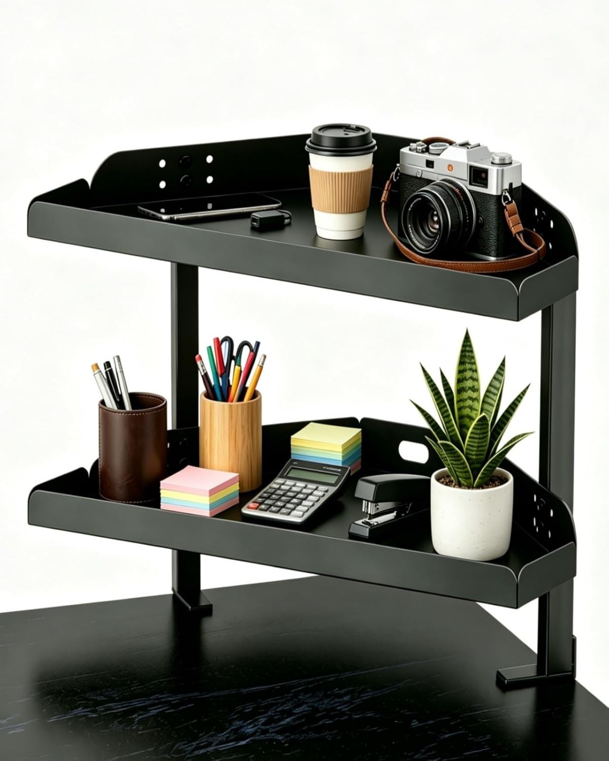 2-Tier Black Corner Desk Shelf Clamp On No Drill Space Saving Office Rack