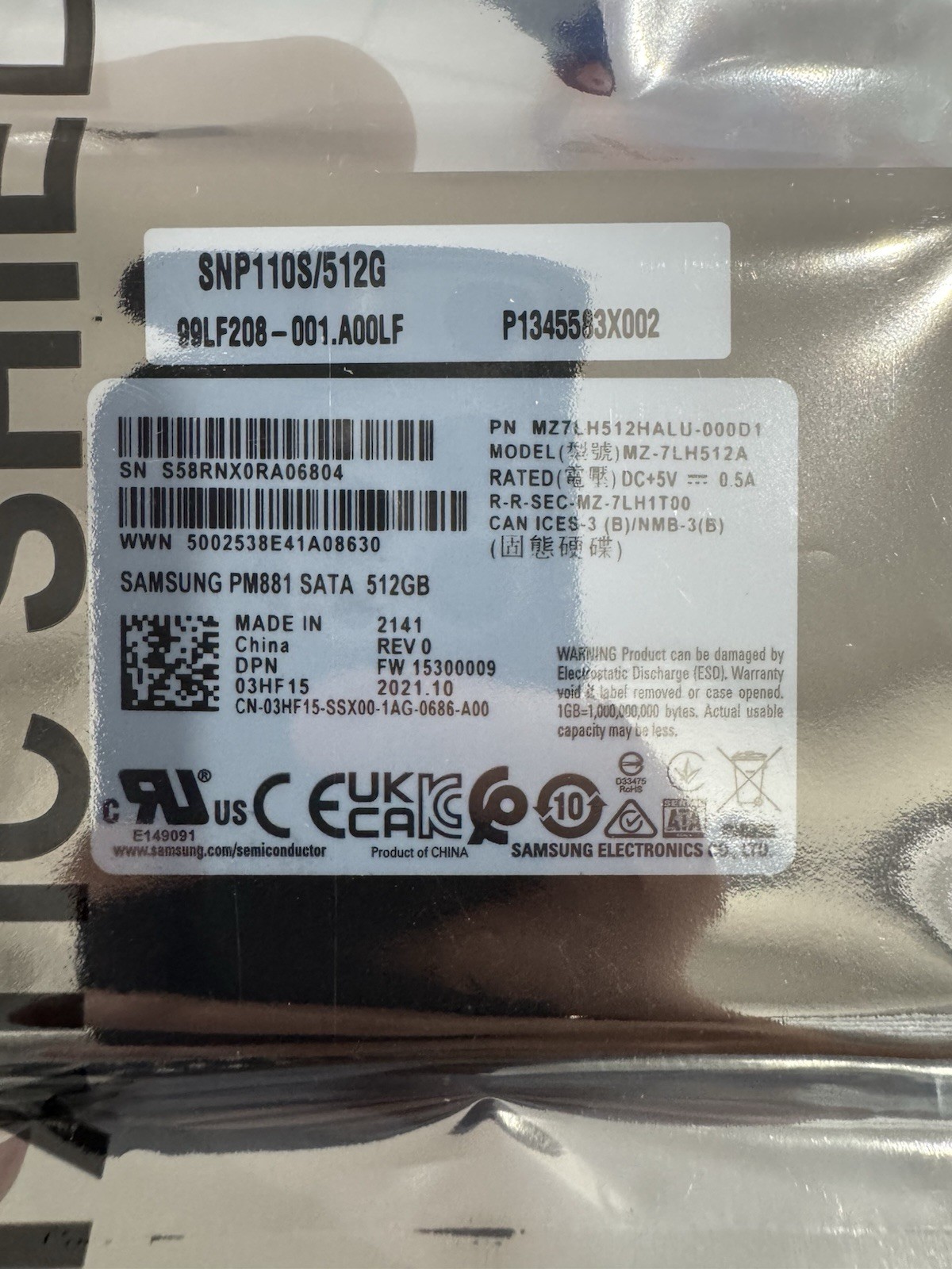 Samsung 512GB SSD 2.5" PM881 MZ-7LH512A Genuine Solid State MZ7LH512HALU-000D1