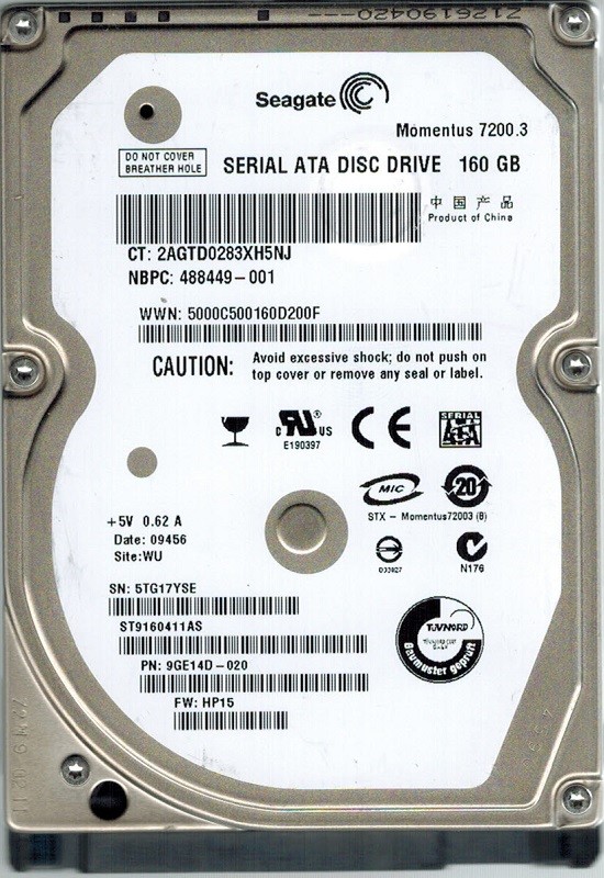 Seagate ST9160411AS P/N: 9GE14D-020 F/W: HP15 WU 160GB