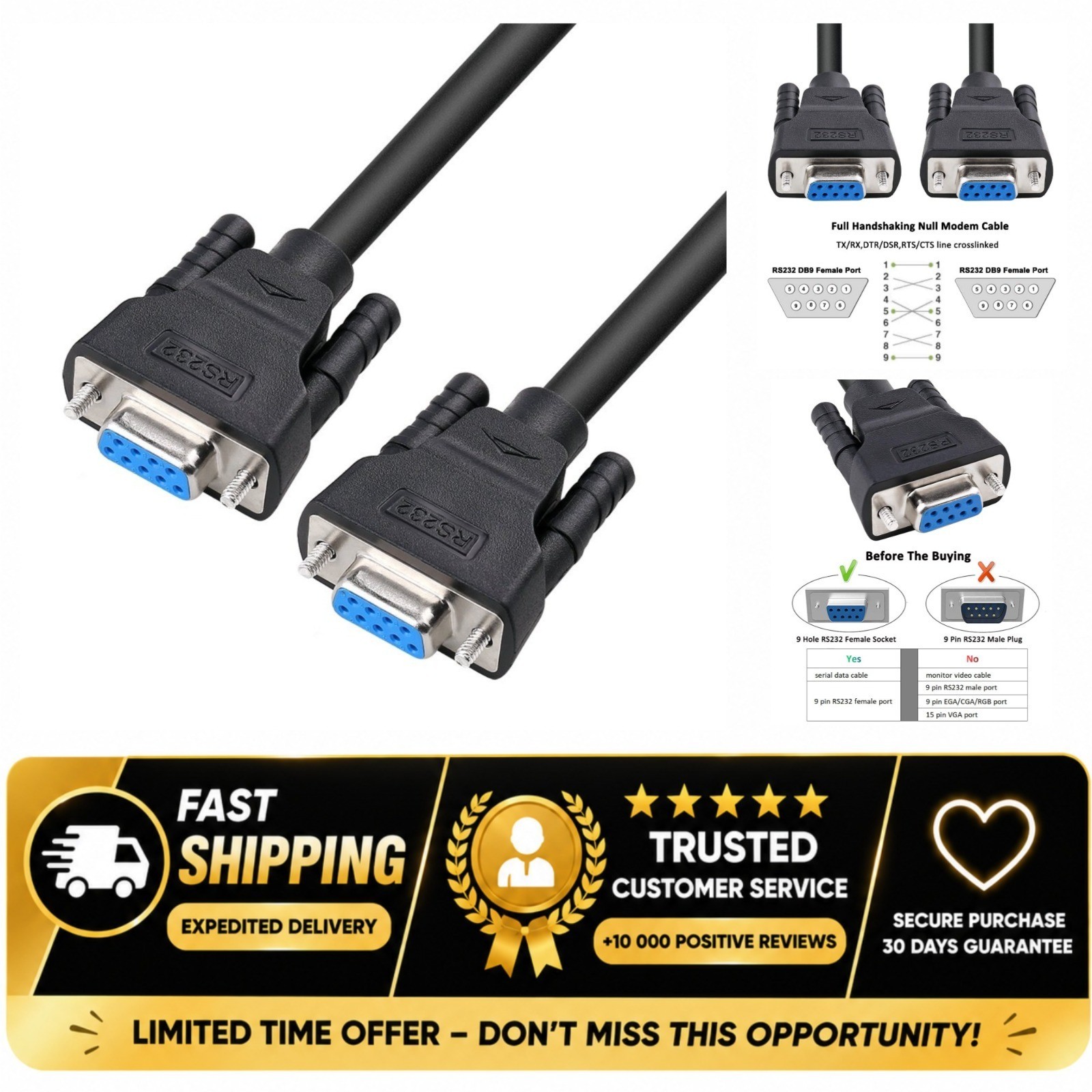 DTECH DB9 RS232 Serial Null Modem Cable Female to Female 1.5ft 7-Wire