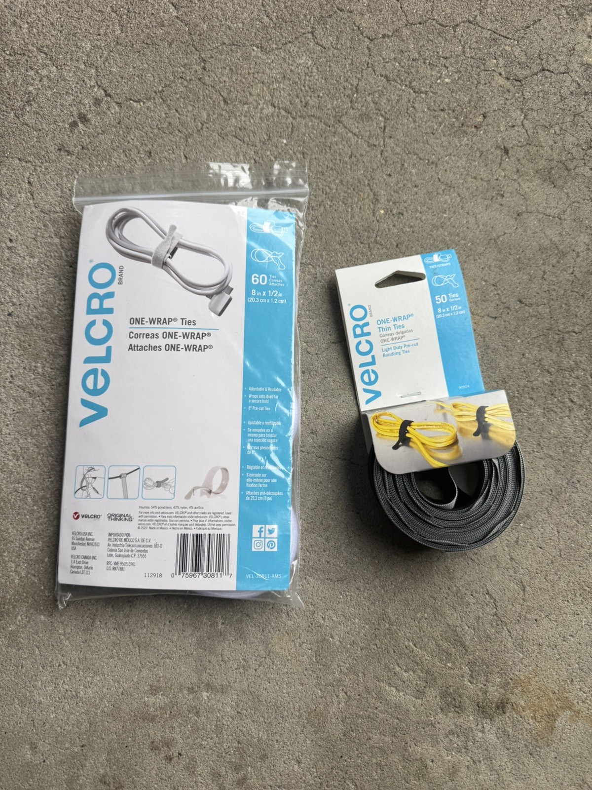 Velcro Brand One-wrap Cable Ties, 8 X 1/2" Black white Cord Organization Straps 