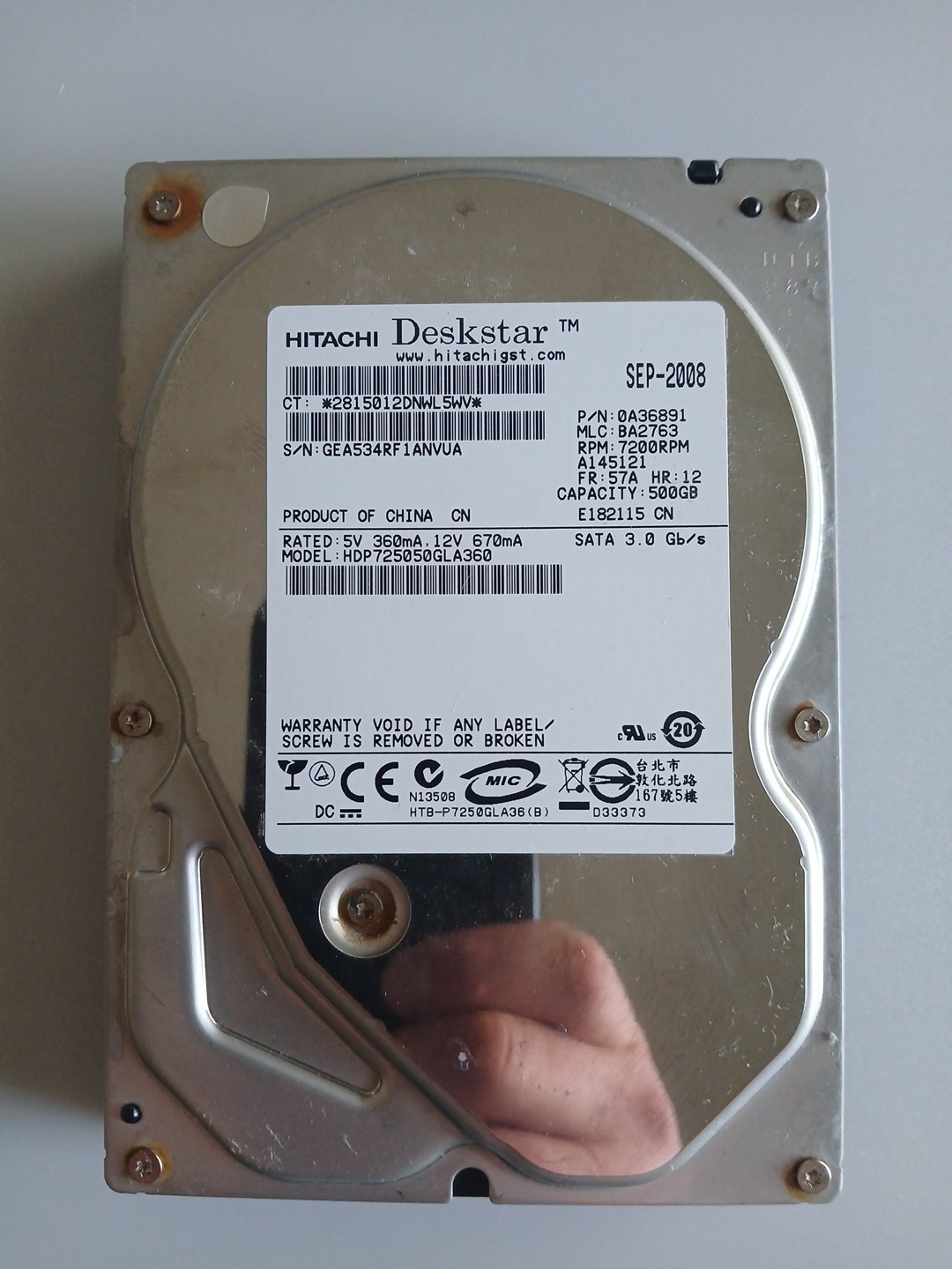 Hitachi Deskstar HDP725050GLA360 500GB SATA 7200 RPM P/N:0A36891 MLC:BA2763