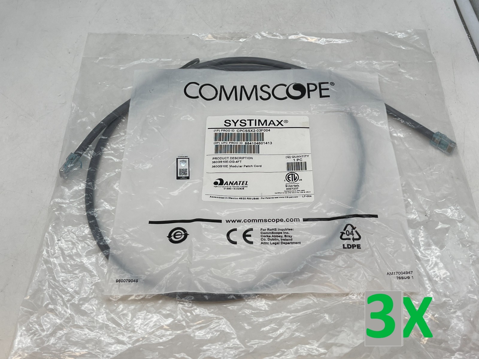 Commscope Systimax GigaSpeed Cat 6 Patch Cord CPCSSX2-03F004 4’ Gray Cable RJ45