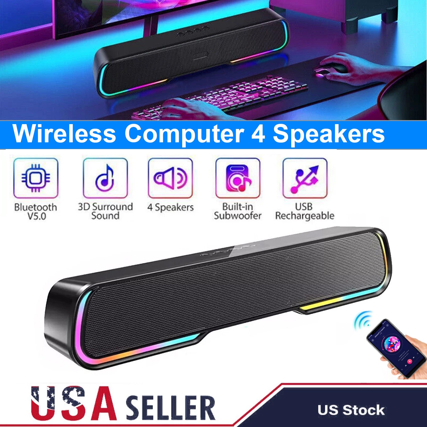 Wireless Computer Speakers Soundbar Stereo Bass Sound for Desktop PC Laptop USA