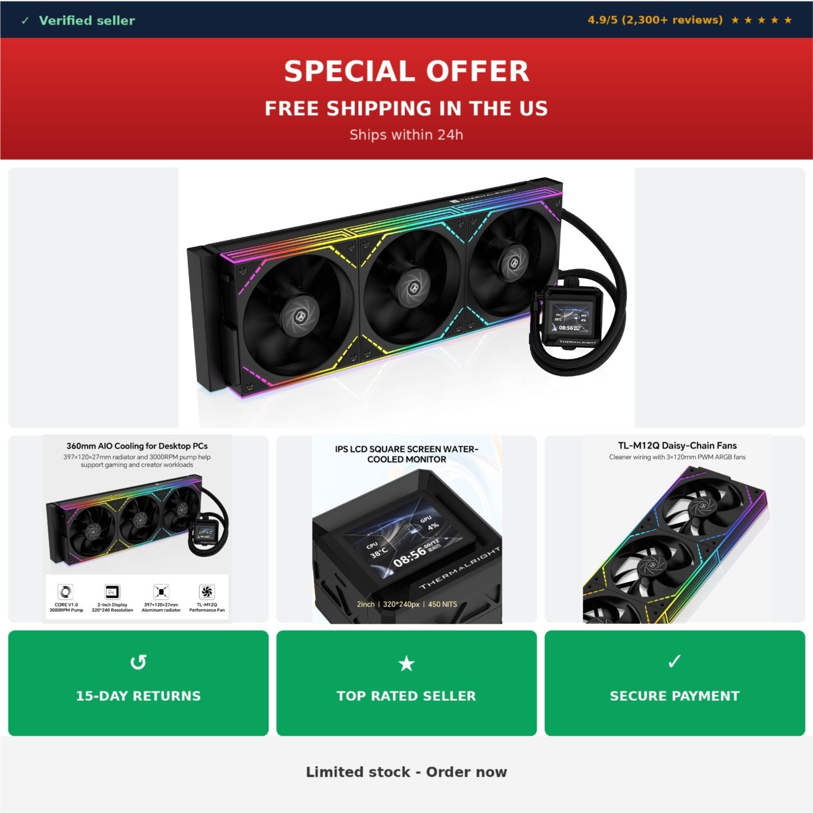 Thermalright FW360 SE ARGB V2 360mm AIO Liquid CPU Cooler with 2" LCD Screen,