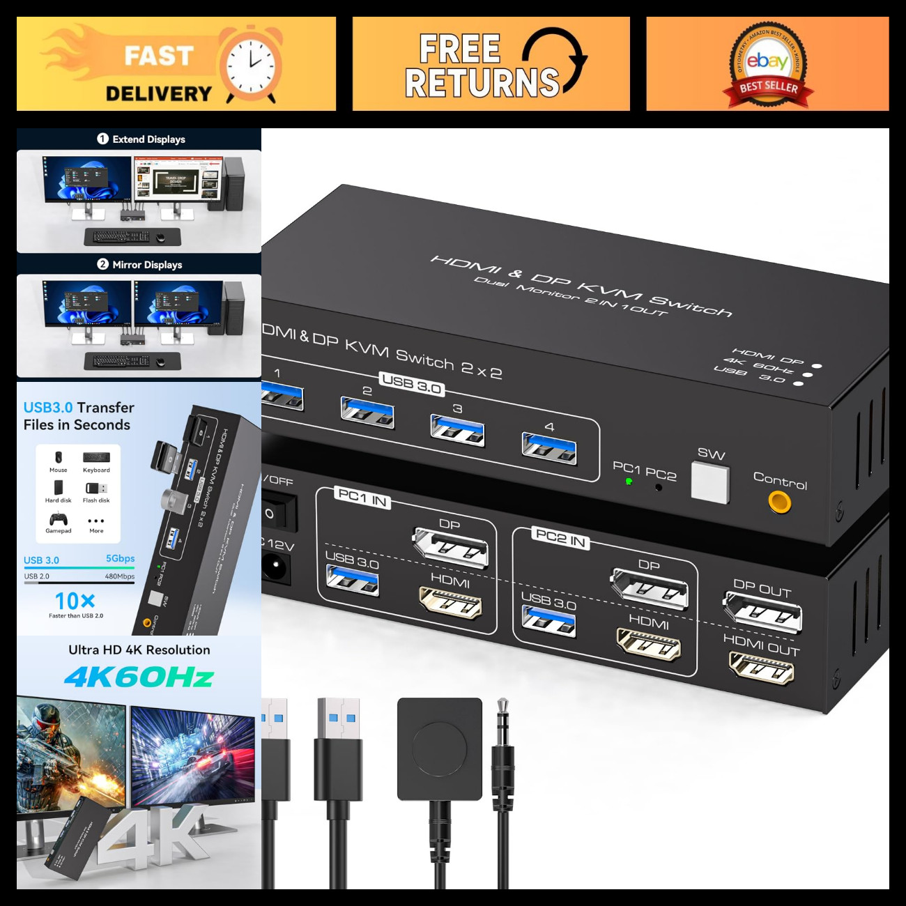 KVM Switch for 2 PCs & Dual Monitors, 4K@60Hz, 4 USB 3.0 Ports, Desktop Controll
