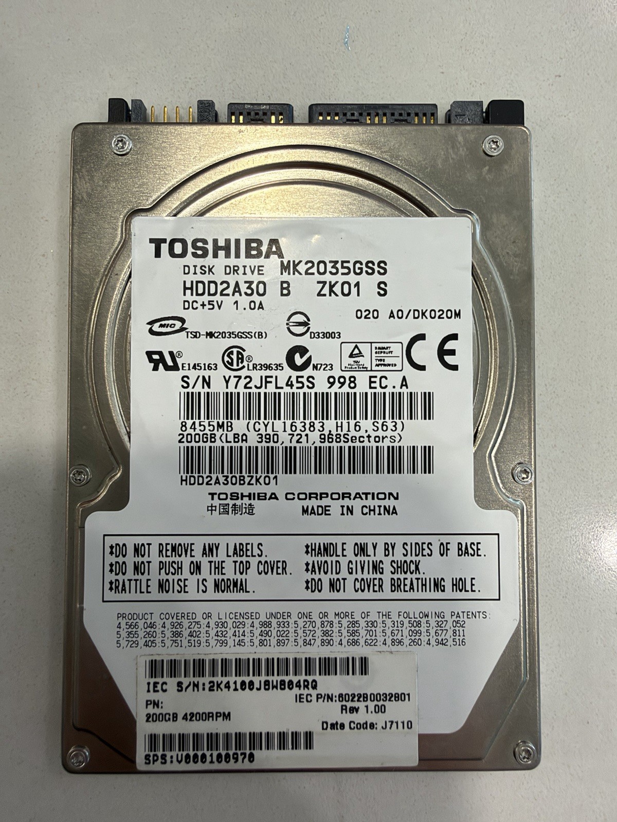 TOSHIBA MK2035GSS 200GB HDD2A30 4200RPM SATA Hard Drive HDD