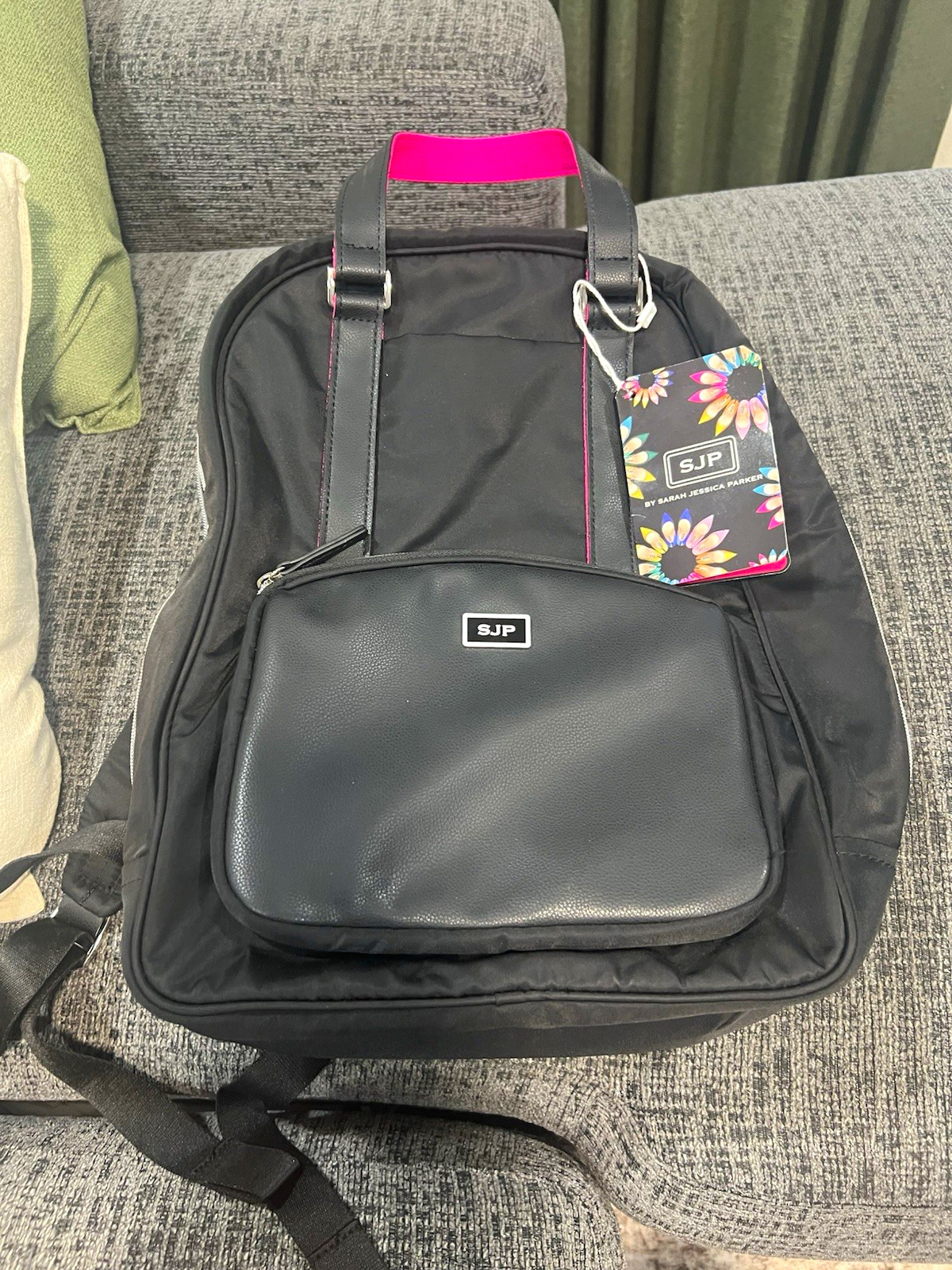 SJP Faux Leather Convertible Backpack RFID Padded 15" Laptop Bag Black/Pink