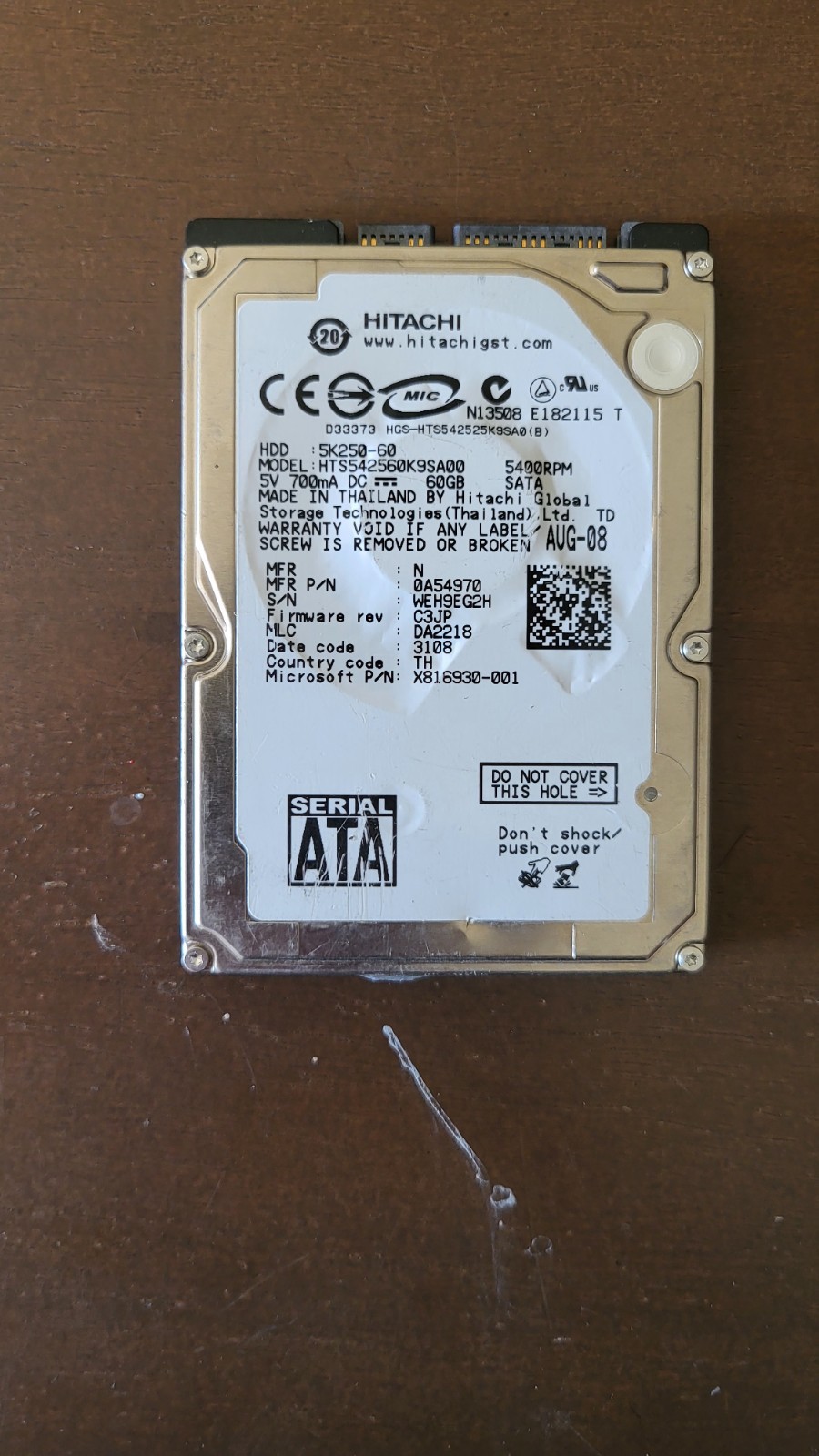 Hitachi/HTS541060G9SA00/60GB/SATA/2.5"/5400 RPM/39T2601/0A27463