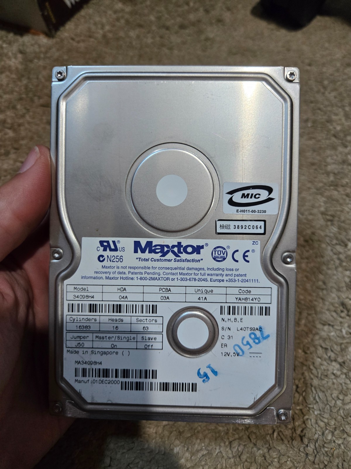 Maxtor 40GB Hard Drive Model 34098H4