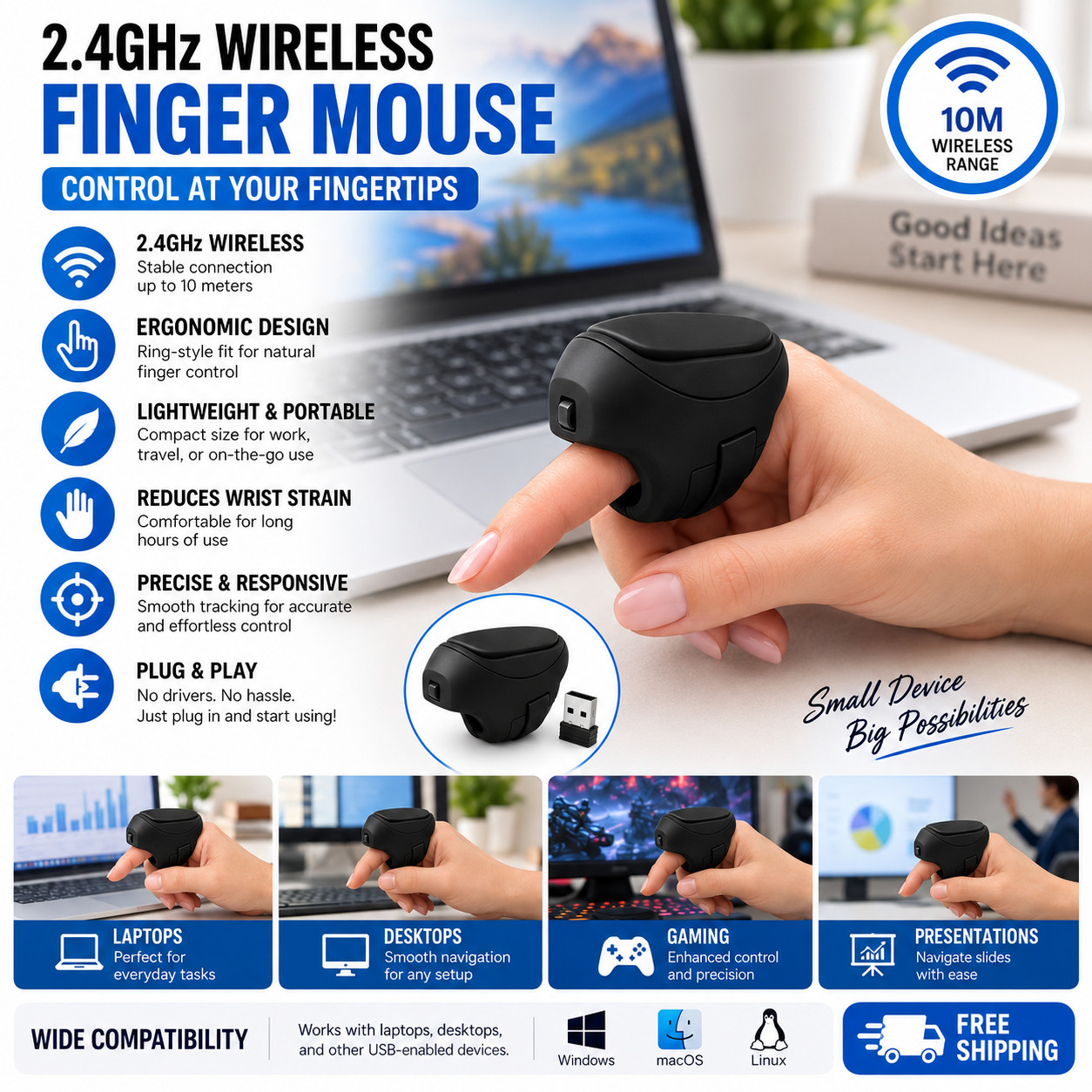 Finger Mouse, 2.4ghz Handheld Ergonomic Trackball Mouse