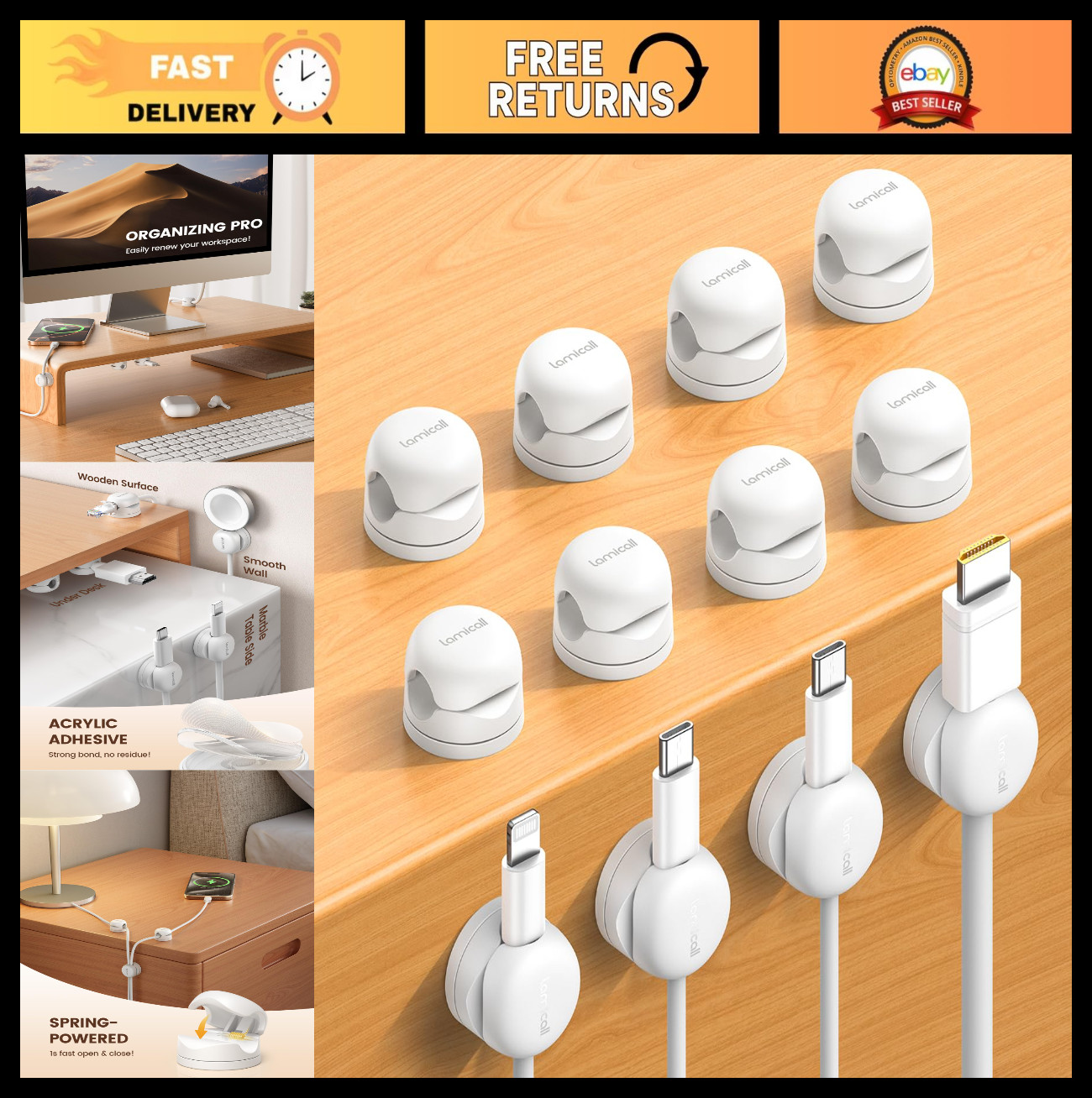 12-Pack Rotating Cord Organizer Clips | Desk & Nightstand Cable Management Gadge