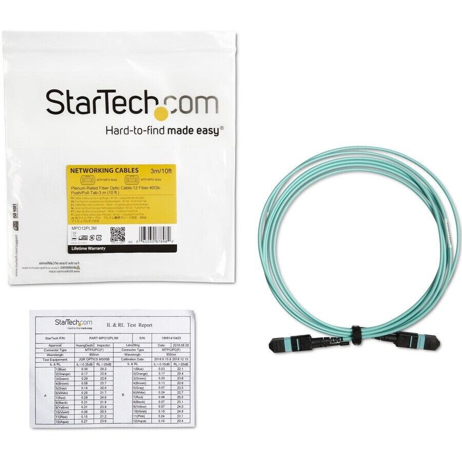 StarTech.com 3m 10 ft MPO / MTP Fiber Optic Cable - Plenum-Rated MTP to MTP