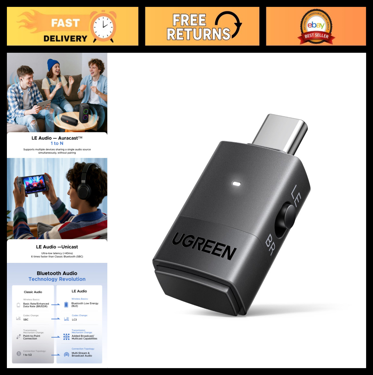 USB-C Bluetooth Adapter for PS5/PC, LE Audio, aptX Adaptive, Low Latency
