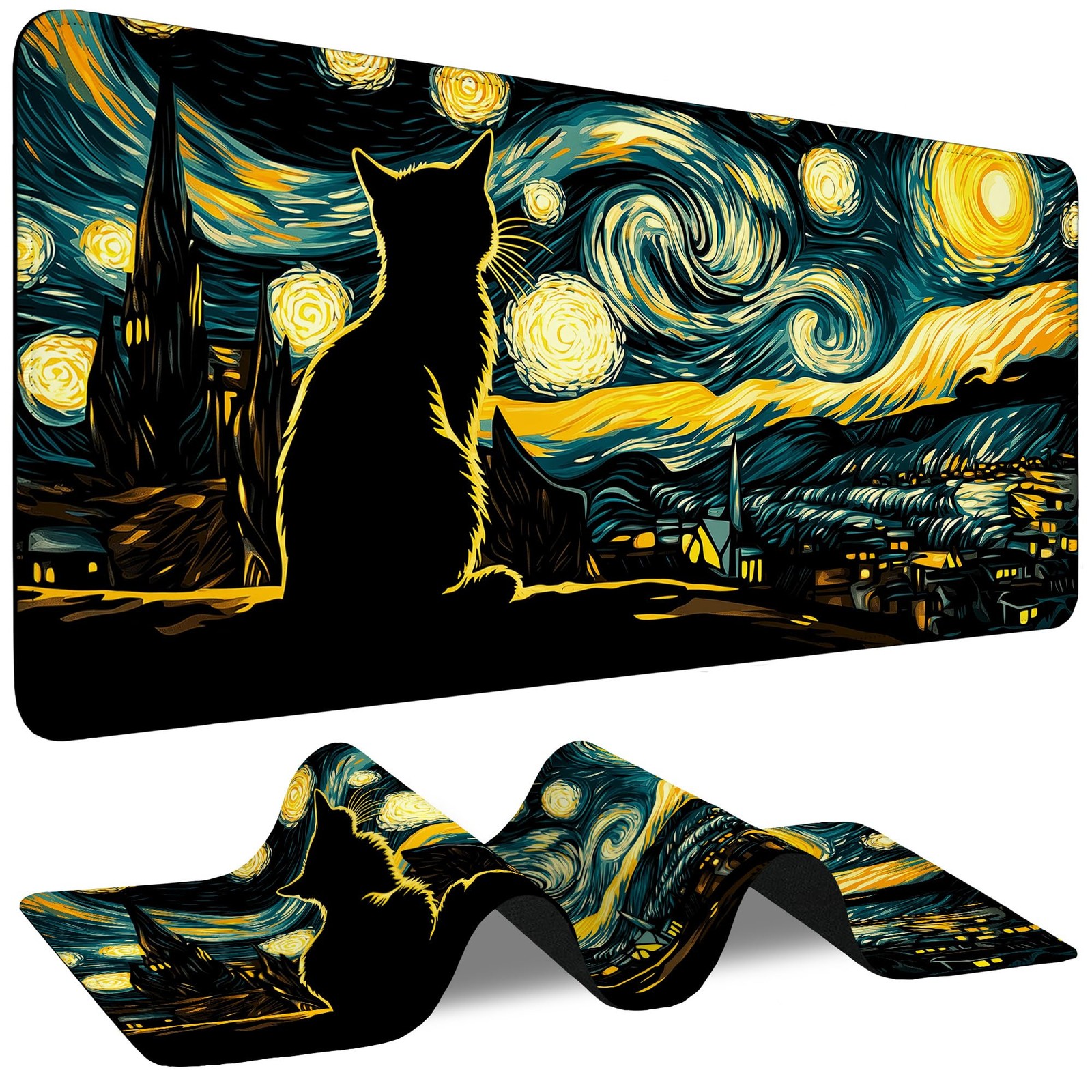 Large Pad Starry Night Black Cat Waterproof Extra Large Mousepad with Stitche...