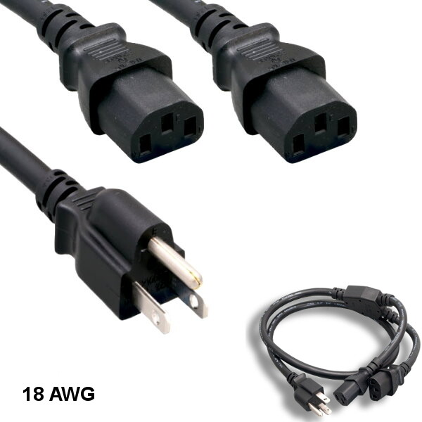6 feet 18AWG AC Power Splitter Cable NEMA 5-15P to 2xIEC-60320 C13 10A/125V SJT
