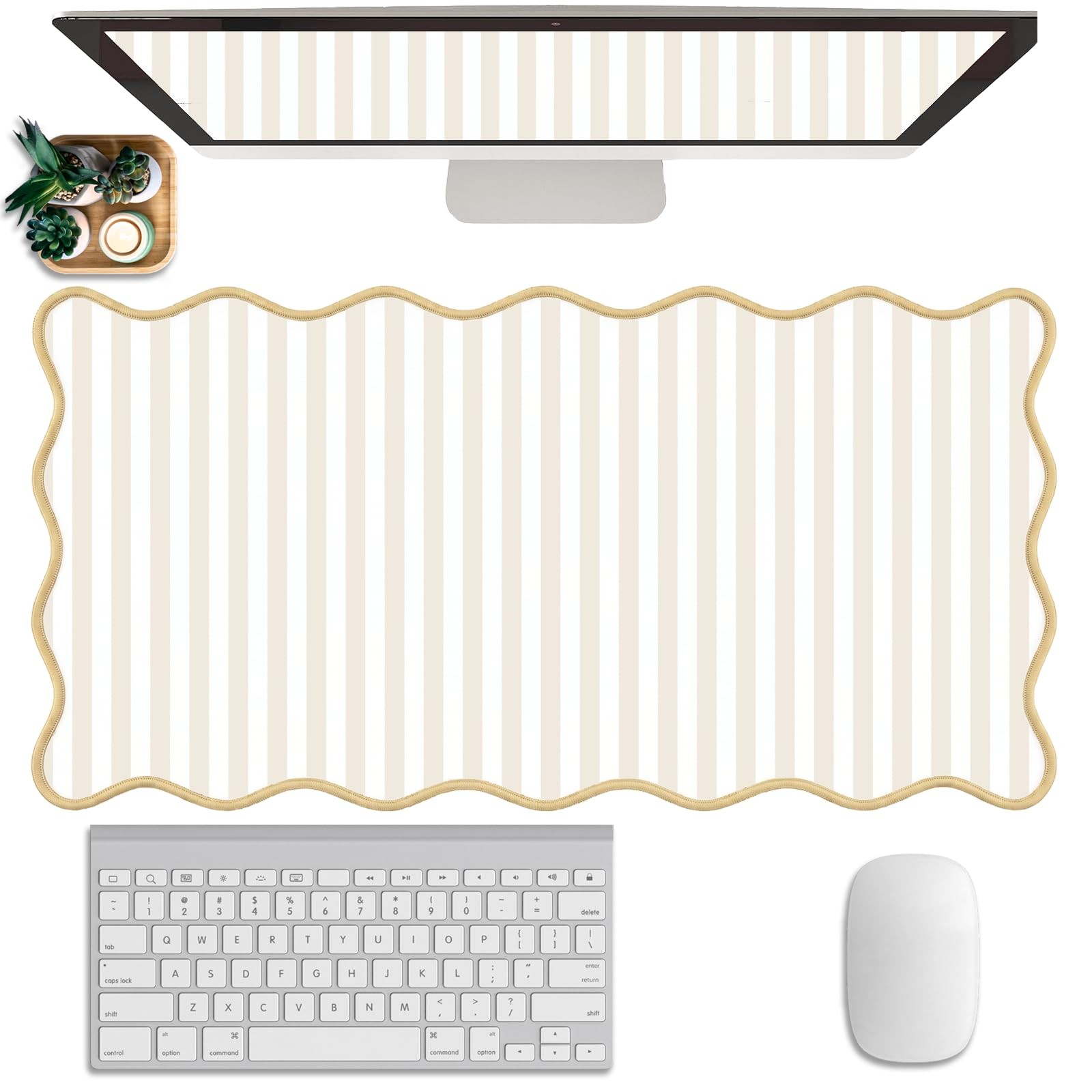 Scalloped Desk Mat Extended Large Cute Striped Pad Big Desk Pad XXL Aesthetic...