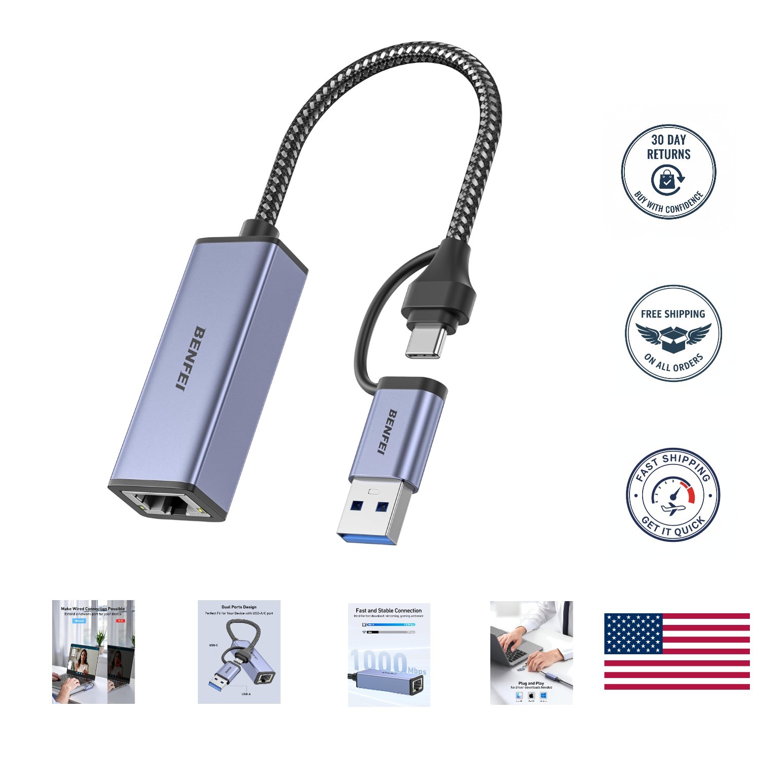 Durable USB 3.0 Ethernet Adapter with Aluminum Shell - Fast Network Connectivity