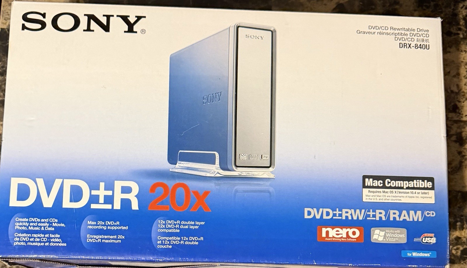 Sony DRX-830U External USB 2.0 DVD±RW CD Burner w/ Stand Adapter Manual Tested