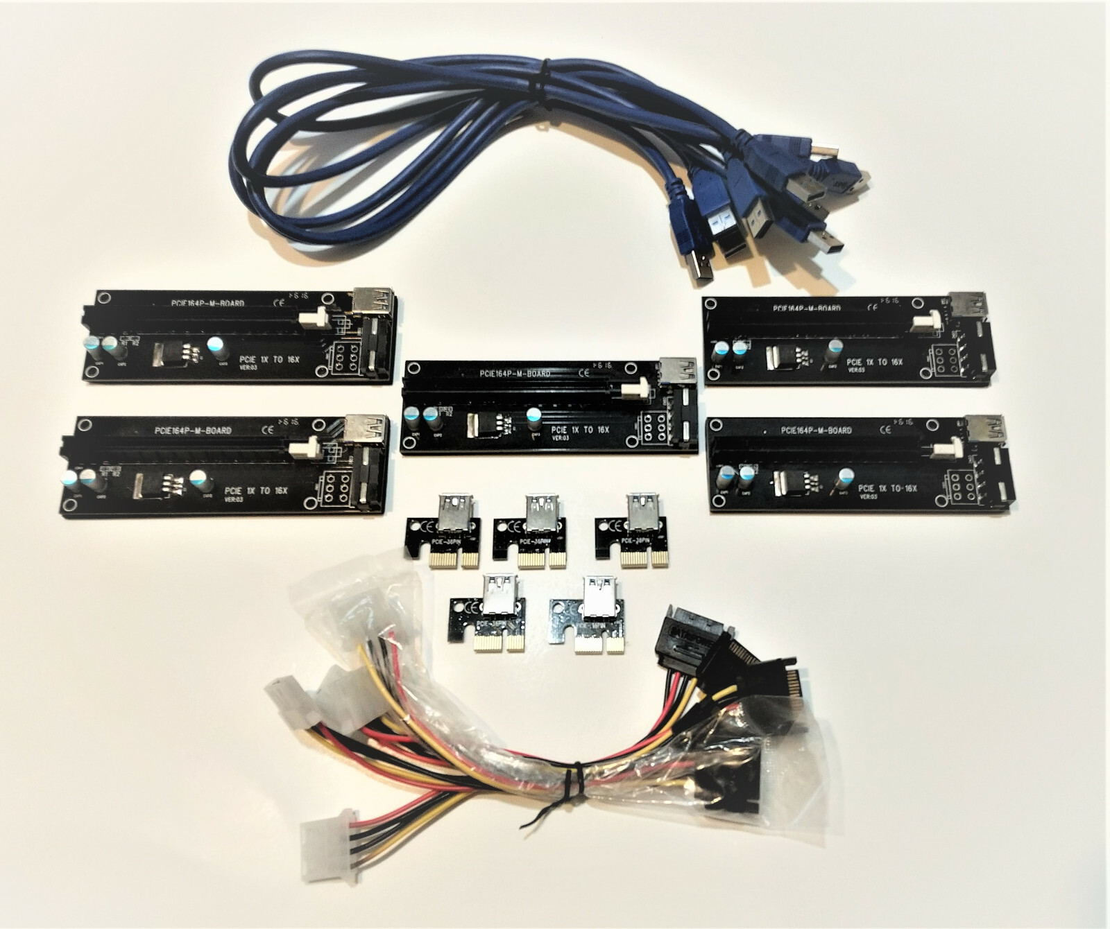 5 PCS. PCI-E 1X TO 16X RISER CARD ADAPTER. USB 3.0 & MOLEX TO SATA CABLES.