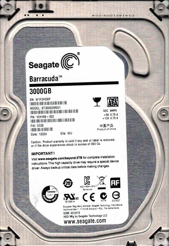 ST3000DM001 P/N: 1CH166-302 F/W: CC26 WU W1F2 02/2013 Seagate 3TB