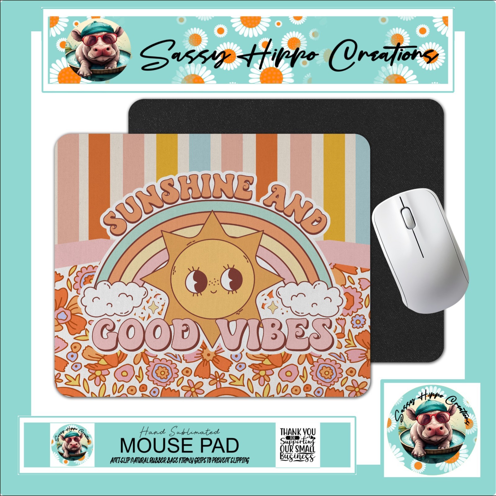 Mouse Pad Retro Sunshine and Good Vibes Rainbow Sun Anti Slip Back Easy Clean