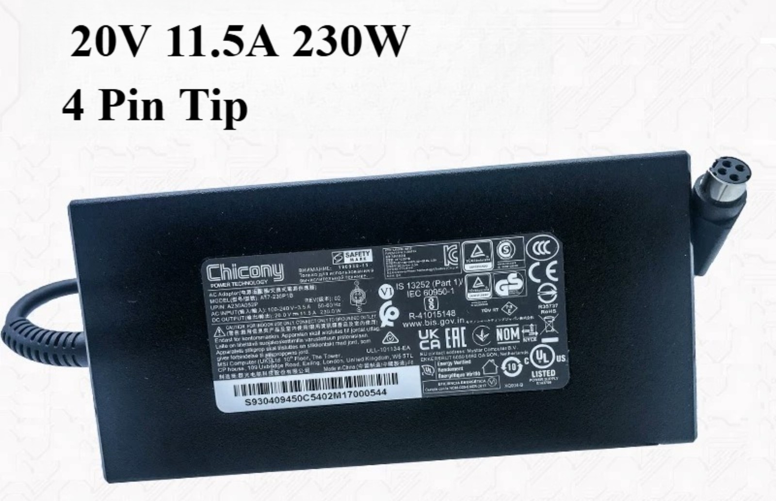 Genuine Chicony 20V 11.5A 230W Charger 4 Pin Tip Power AC Adapter A17-230P1B